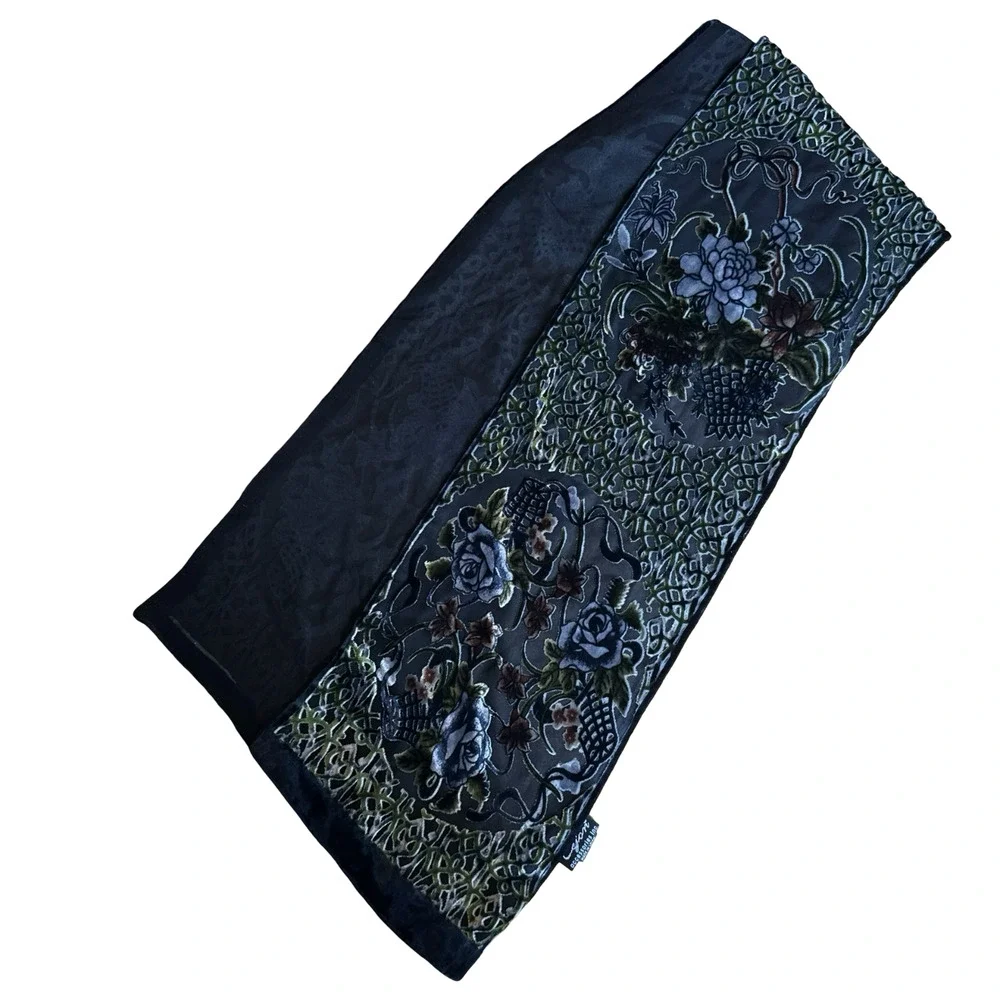 Cejon Dark Floral Velvet Silk Whimsigoth Burnout Fairy Romantic Scarf 7.5x56
